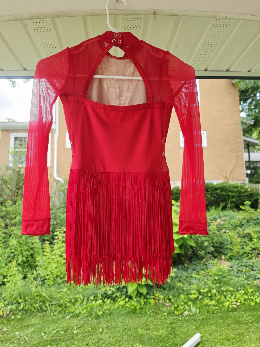 Weissman Red Fringe Dance Costume with Lace and Rhinestone Belt